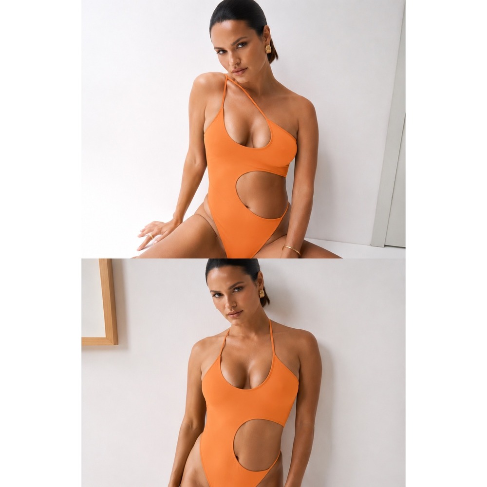 NWOT Riot Swim Blaise One Piece Swimsuit‎ Orange Cutout One Shoulder Thong XS